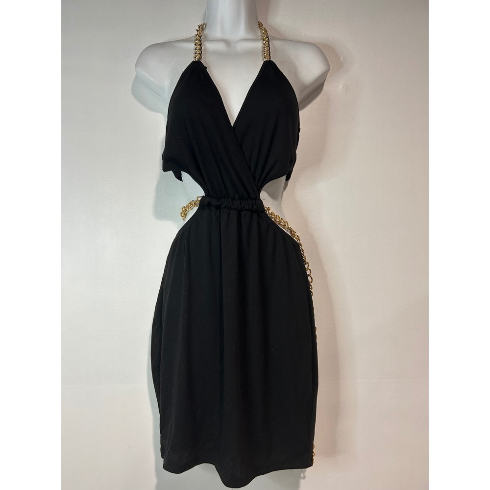 Black Cut Out Mini Dress Women Medium Gold Chain Halter Bodycon Edgy Party Sexy